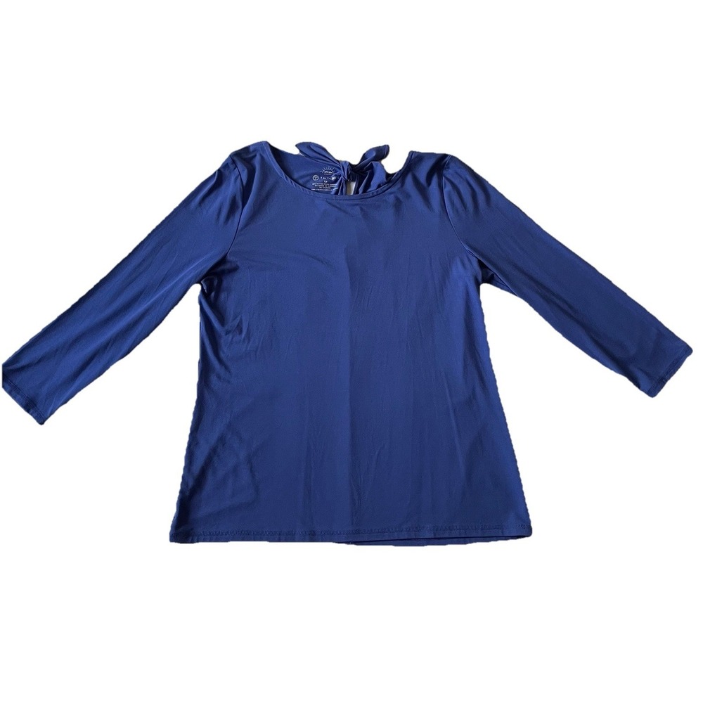 T By Talbots Women UPF50+ Pullover Tie Back Sun Protection Top Size Lp Blue Knit